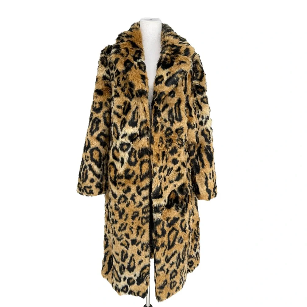 Leopard Print Faux Fur Longline Coat Womens Notched Collar Tan Black Animal
